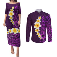 Purple Tropical Plumeria With Galaxy Polynesian Art Couples Matching Puletasi Dress and Long Sleeve Button Shirt - Wonder Print Shop