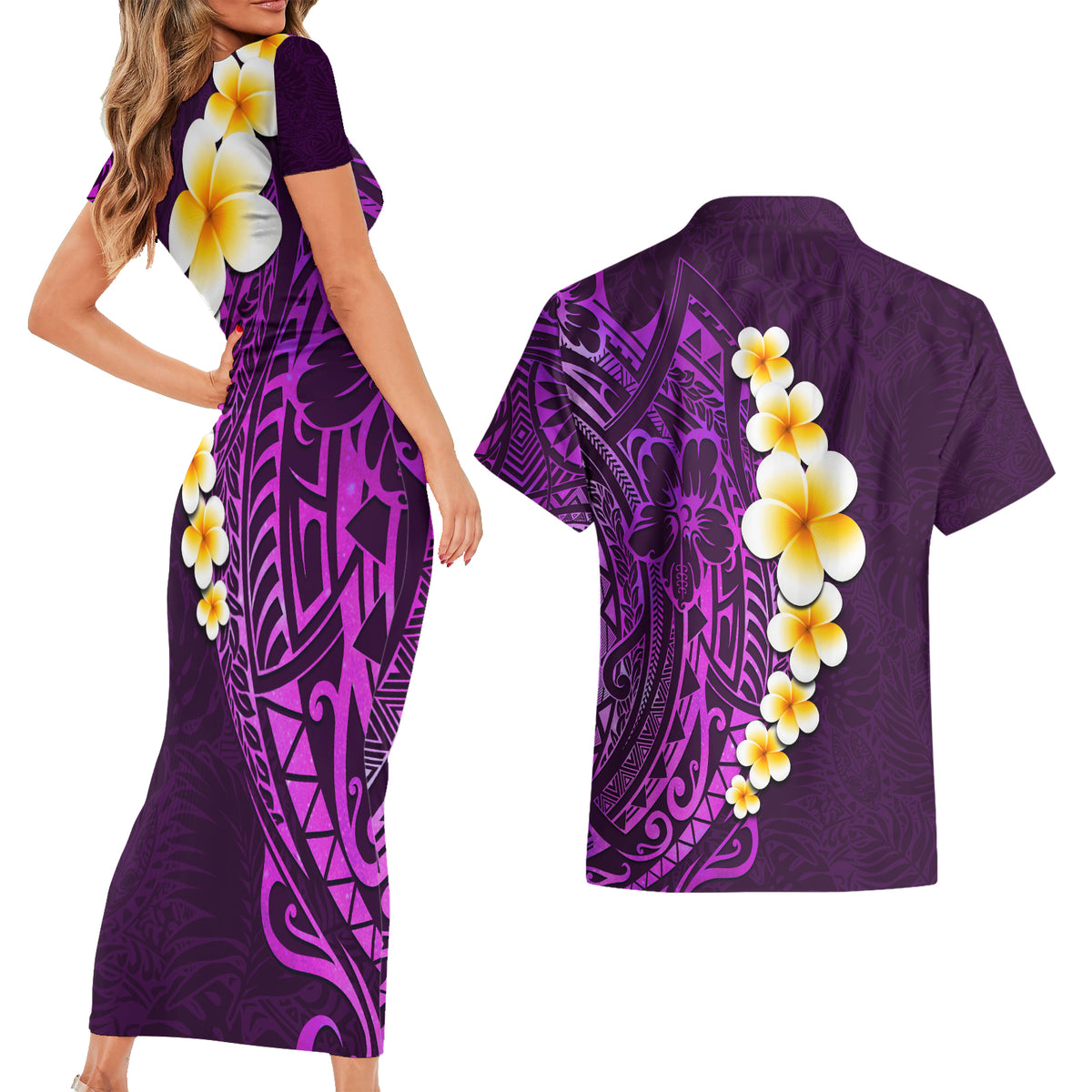 Purple Tropical Plumeria With Galaxy Polynesian Art Couples Matching Short Sleeve Bodycon Dress and Hawaiian Shirt - Wonder Print Shop