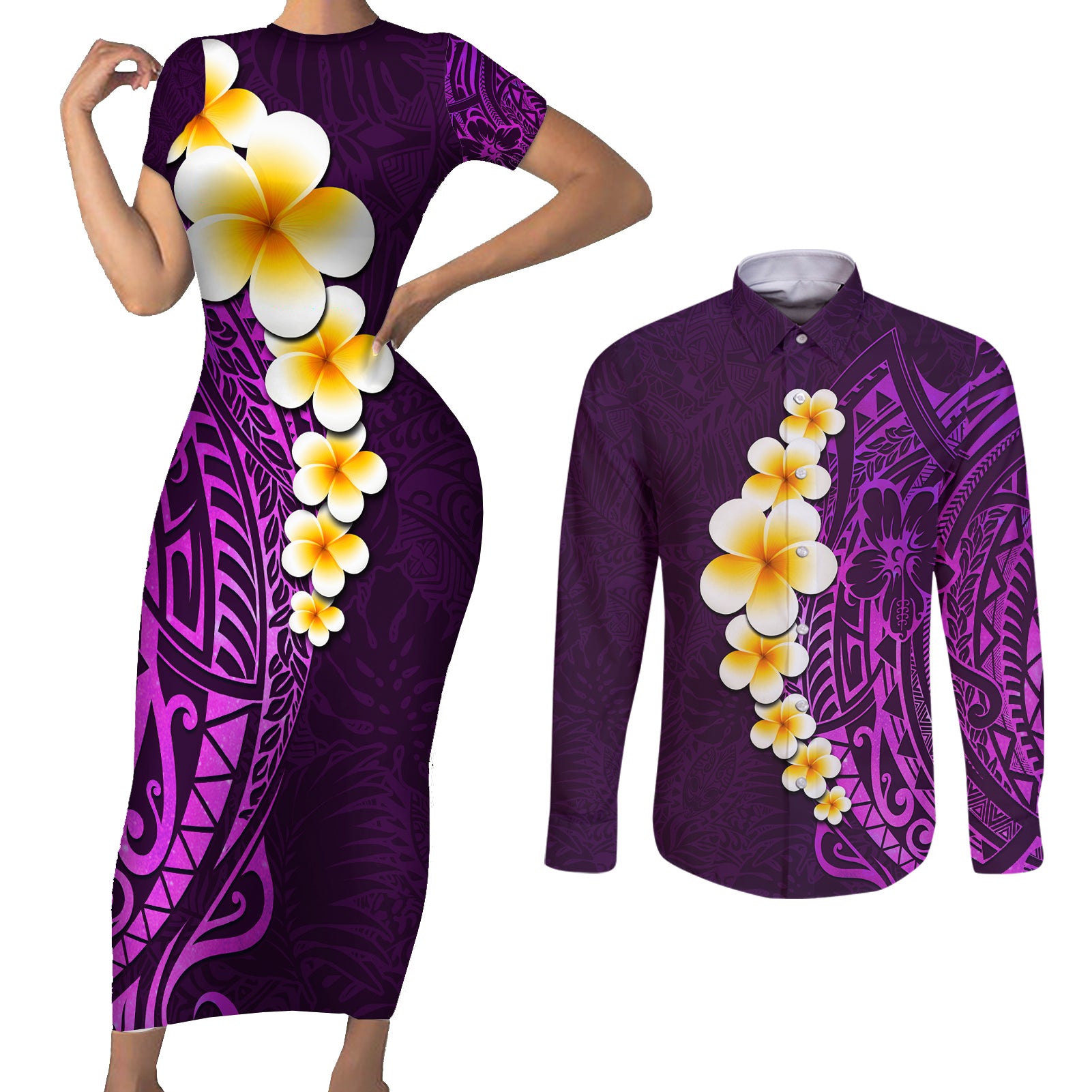 Purple Tropical Plumeria With Galaxy Polynesian Art Couples Matching Short Sleeve Bodycon Dress and Long Sleeve Button Shirt - Wonder Print Shop
