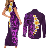 Purple Tropical Plumeria With Galaxy Polynesian Art Couples Matching Short Sleeve Bodycon Dress and Long Sleeve Button Shirt - Wonder Print Shop