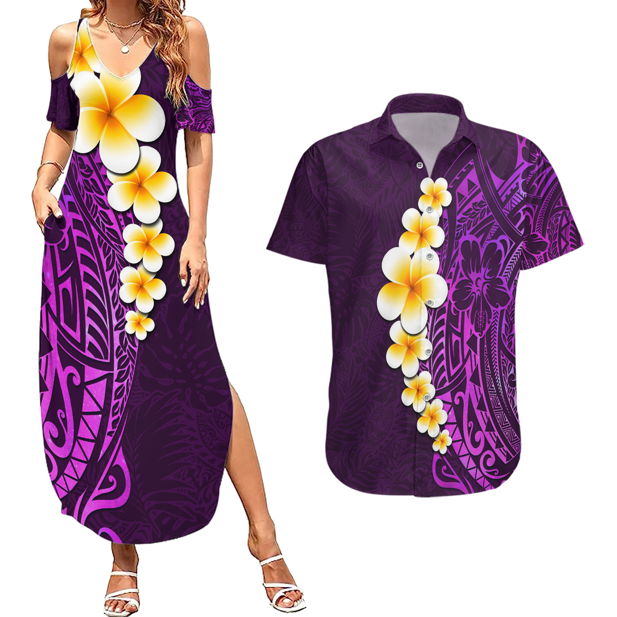 Purple Tropical Plumeria With Galaxy Polynesian Art Couples Matching Summer Maxi Dress and Hawaiian Shirt - Wonder Print Shop