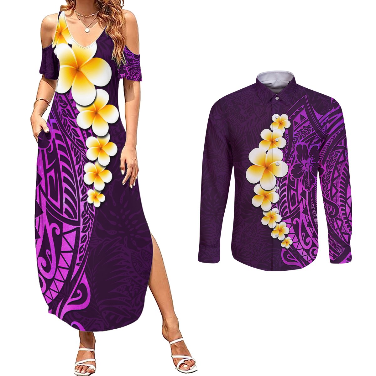 Purple Tropical Plumeria With Galaxy Polynesian Art Couples Matching Summer Maxi Dress and Long Sleeve Button Shirt - Wonder Print Shop
