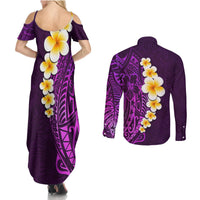 Purple Tropical Plumeria With Galaxy Polynesian Art Couples Matching Summer Maxi Dress and Long Sleeve Button Shirt - Wonder Print Shop