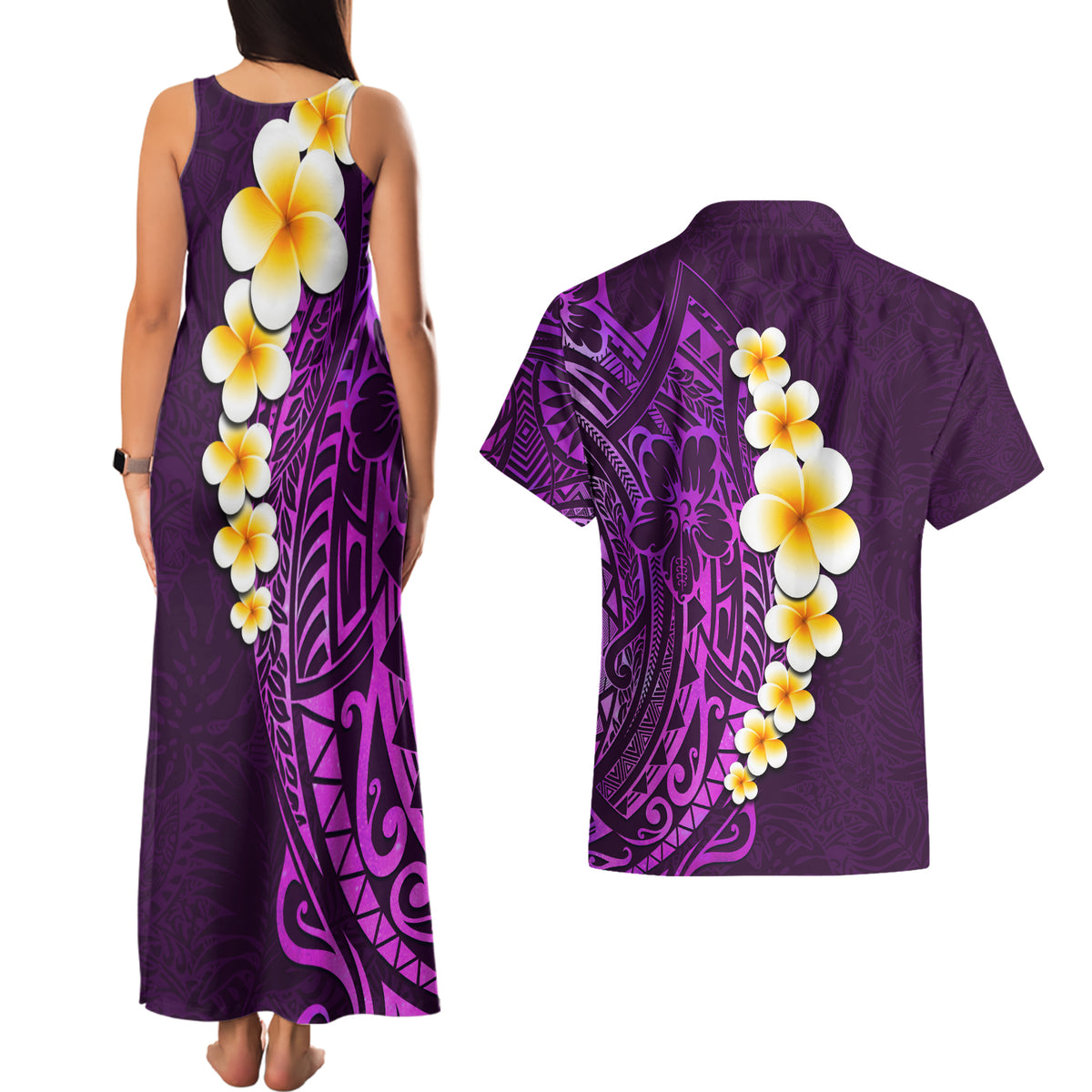 Purple Tropical Plumeria With Galaxy Polynesian Art Couples Matching Tank Maxi Dress and Hawaiian Shirt - Wonder Print Shop