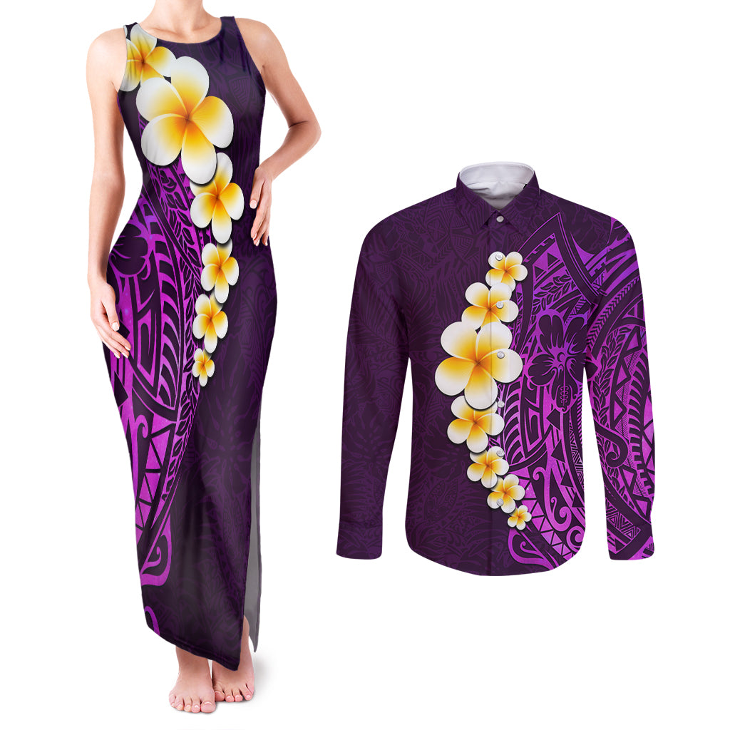 Purple Tropical Plumeria With Galaxy Polynesian Art Couples Matching Tank Maxi Dress and Long Sleeve Button Shirt - Wonder Print Shop