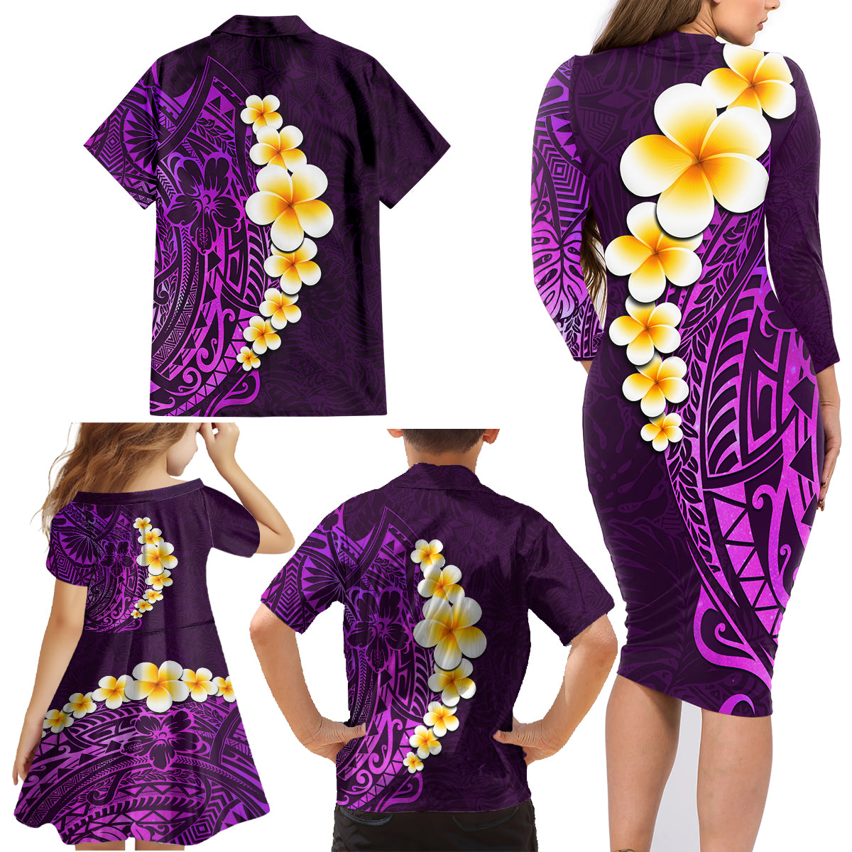 Purple Tropical Plumeria With Galaxy Polynesian Art Family Matching Long Sleeve Bodycon Dress and Hawaiian Shirt - Wonder Print Shop