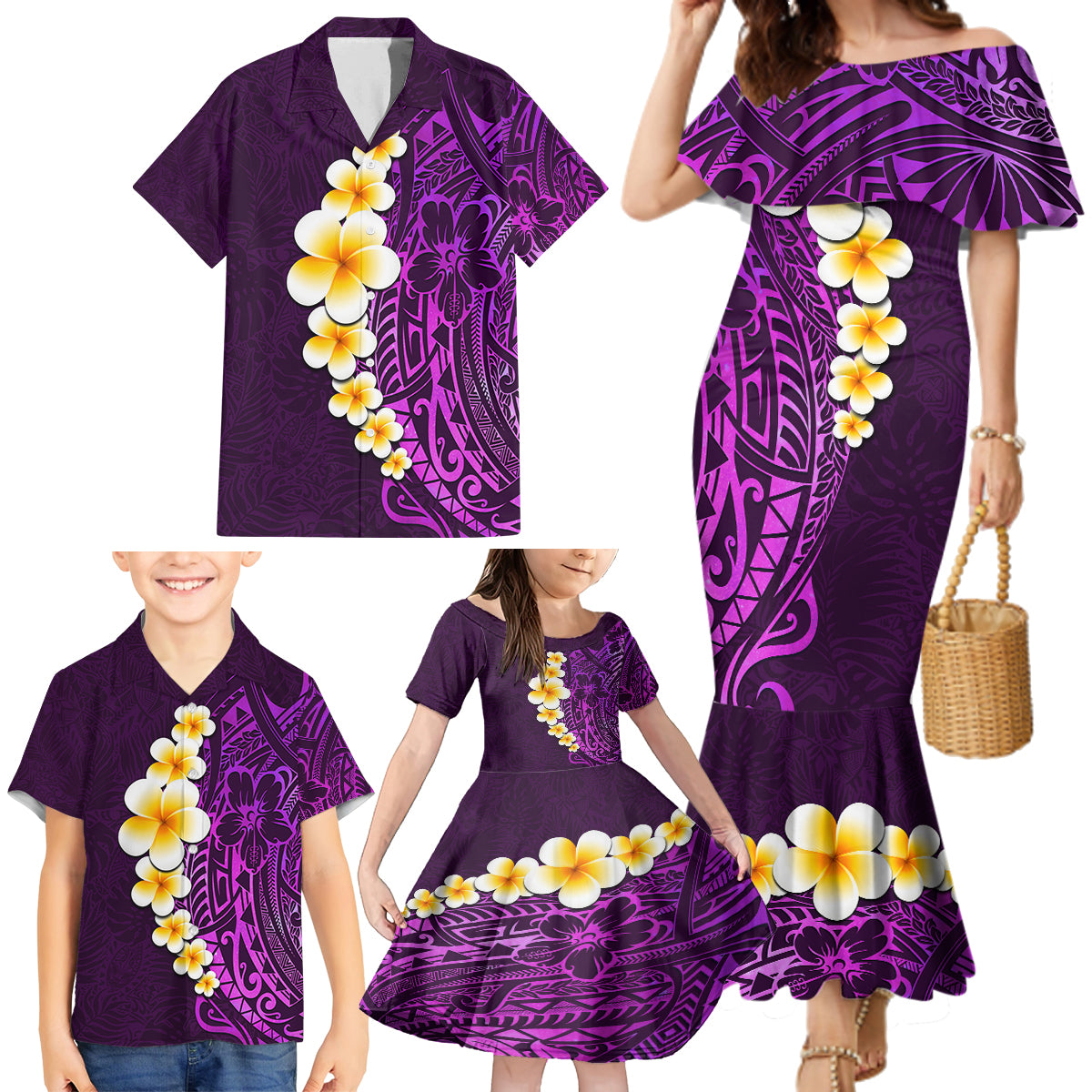 Purple Tropical Plumeria With Galaxy Polynesian Art Family Matching Mermaid Dress and Hawaiian Shirt - Wonder Print Shop