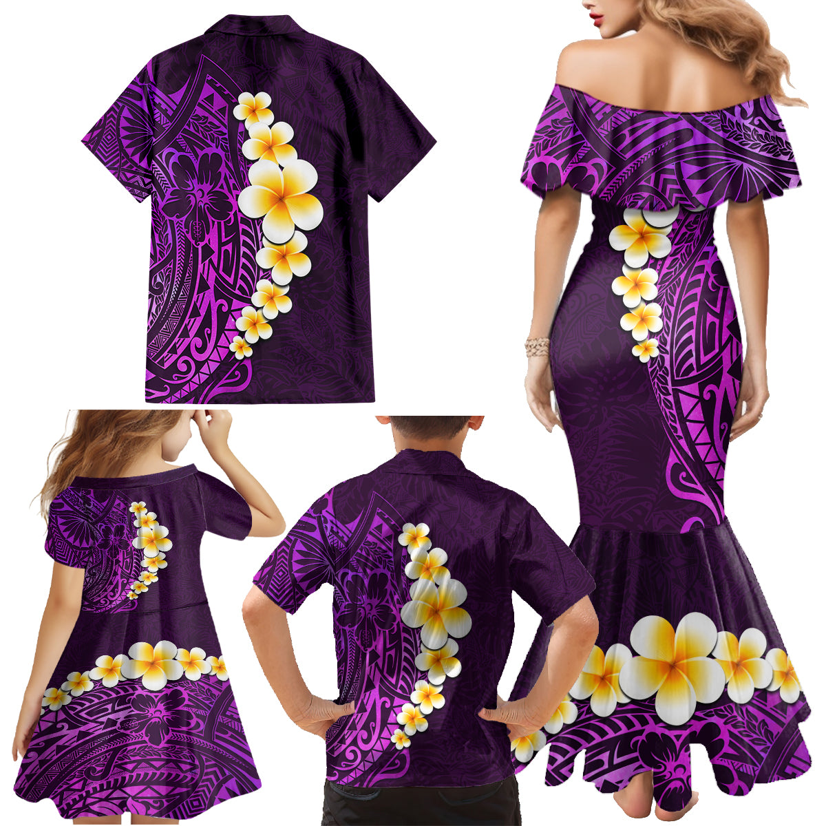 Purple Tropical Plumeria With Galaxy Polynesian Art Family Matching Mermaid Dress and Hawaiian Shirt - Wonder Print Shop