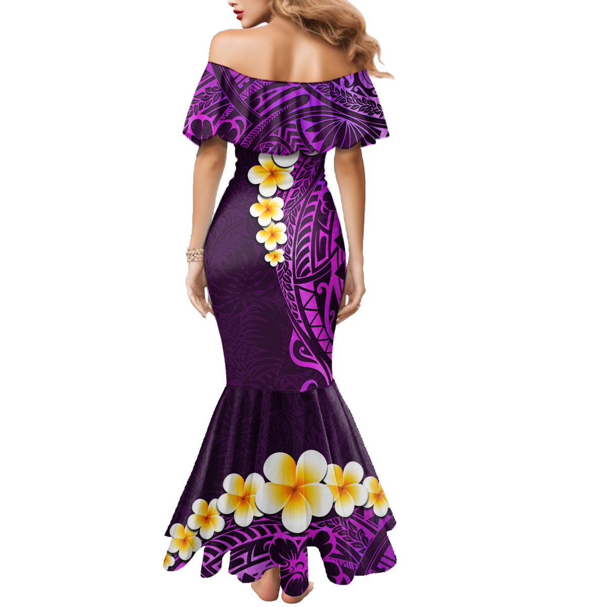 Purple Tropical Plumeria With Galaxy Polynesian Art Family Matching Mermaid Dress and Hawaiian Shirt - Wonder Print Shop