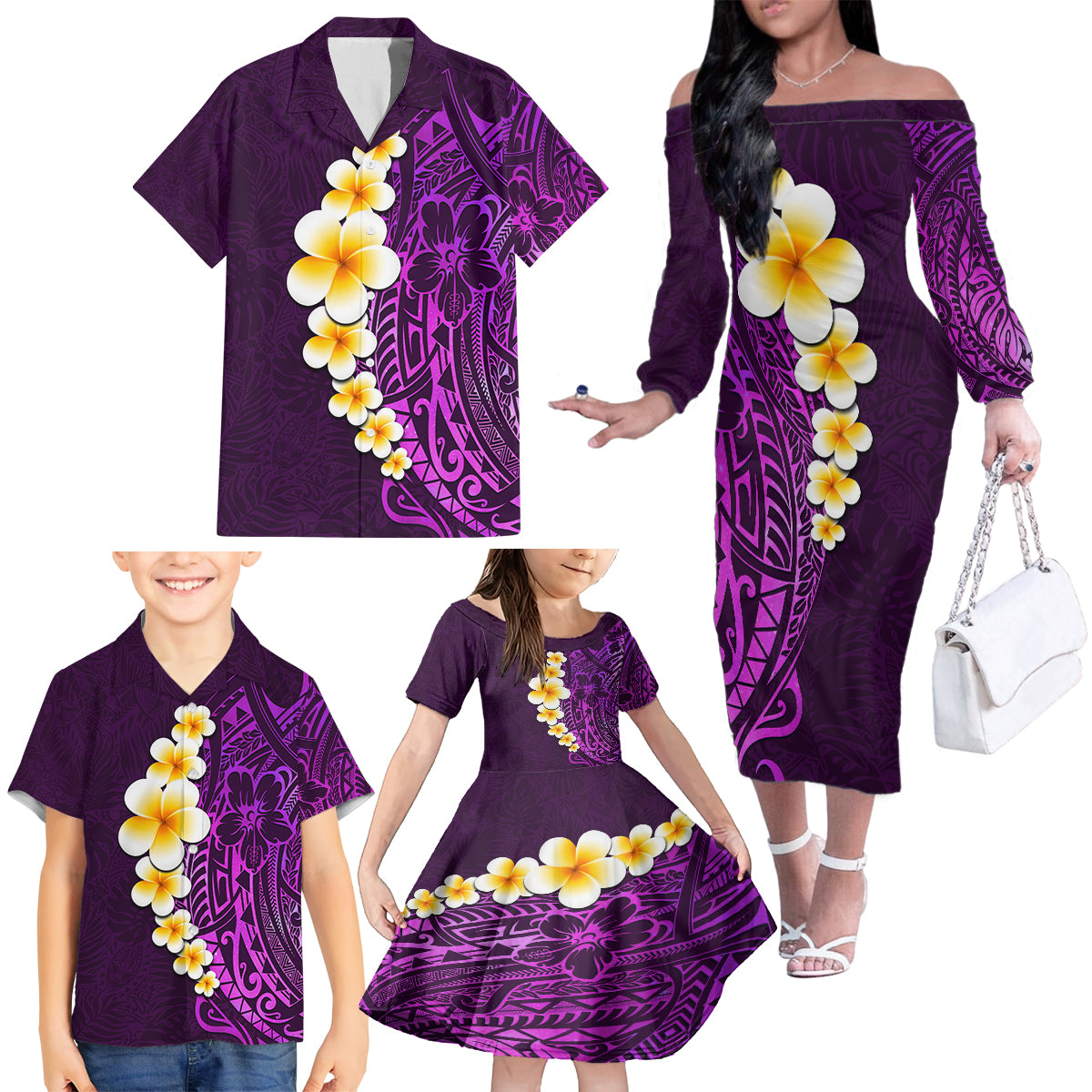 Purple Tropical Plumeria With Galaxy Polynesian Art Family Matching Off Shoulder Long Sleeve Dress and Hawaiian Shirt - Wonder Print Shop