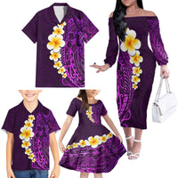Purple Tropical Plumeria With Galaxy Polynesian Art Family Matching Off Shoulder Long Sleeve Dress and Hawaiian Shirt - Wonder Print Shop