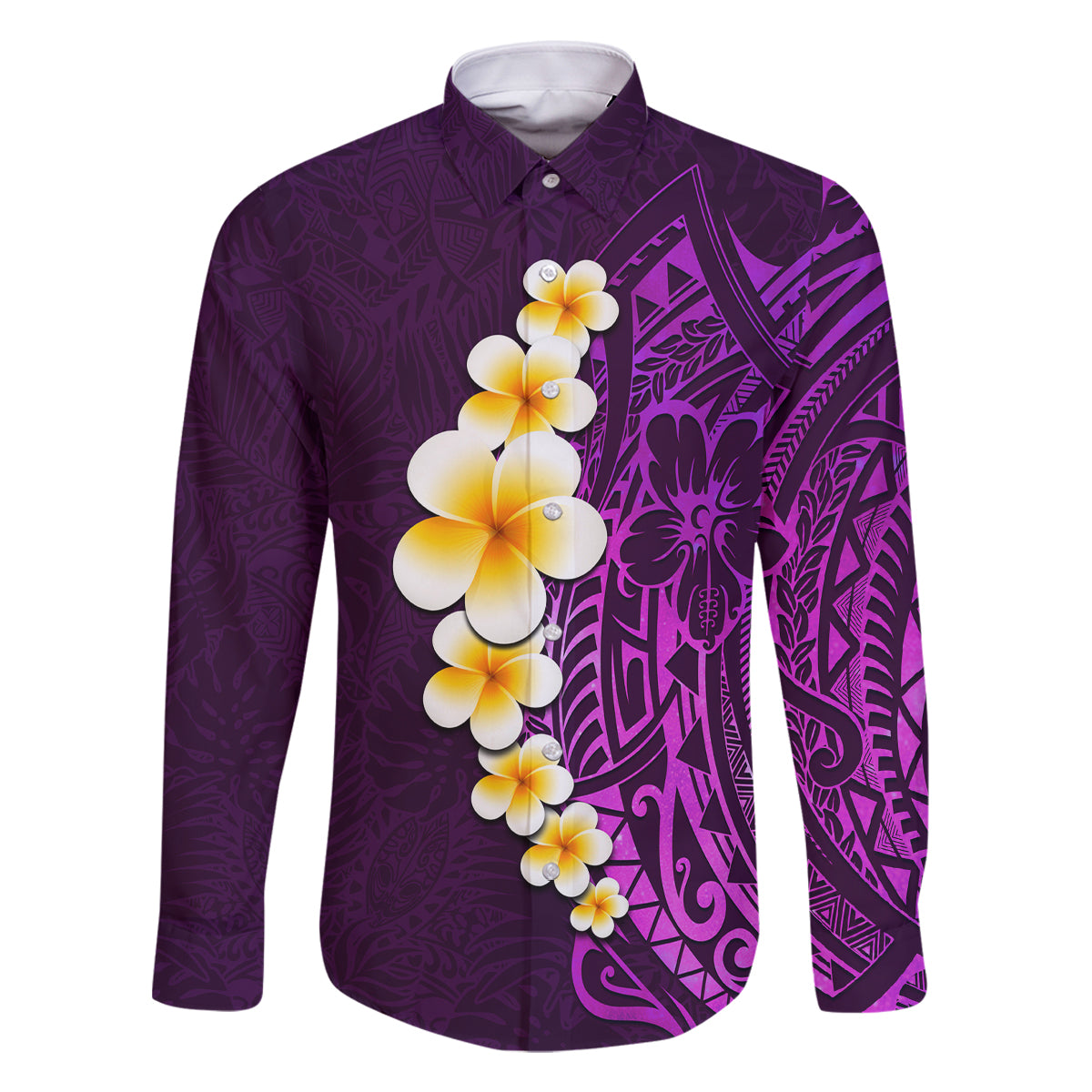 Purple Tropical Plumeria With Galaxy Polynesian Art Family Matching Off Shoulder Long Sleeve Dress and Hawaiian Shirt - Wonder Print Shop