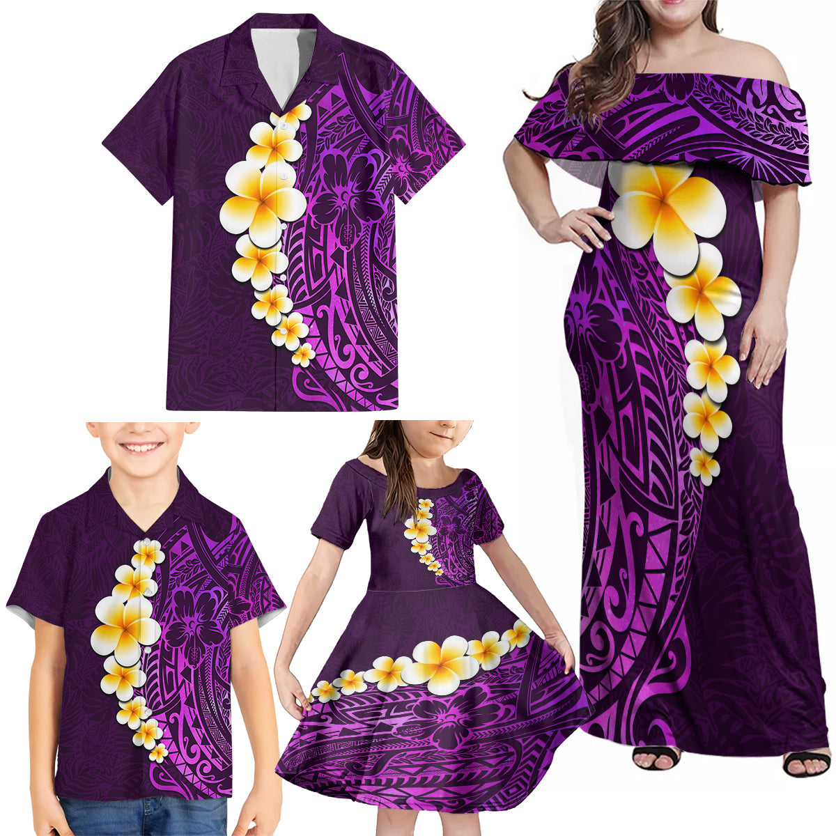 Purple Tropical Plumeria With Galaxy Polynesian Art Family Matching Off Shoulder Maxi Dress and Hawaiian Shirt - Wonder Print Shop