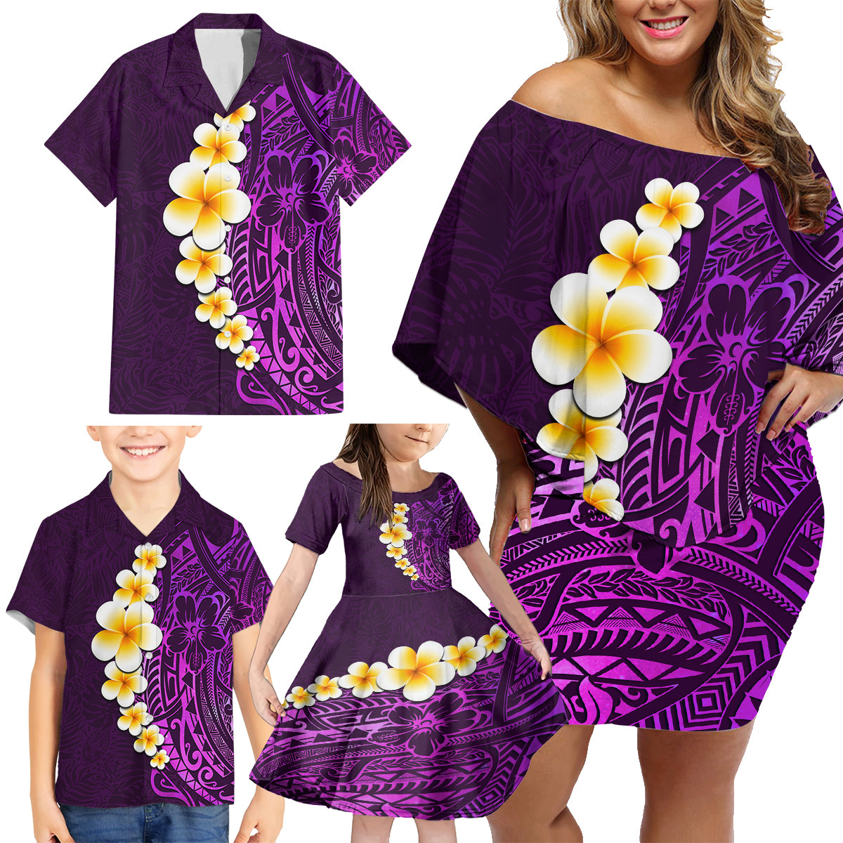 Purple Tropical Plumeria With Galaxy Polynesian Art Family Matching Off Shoulder Short Dress and Hawaiian Shirt - Wonder Print Shop