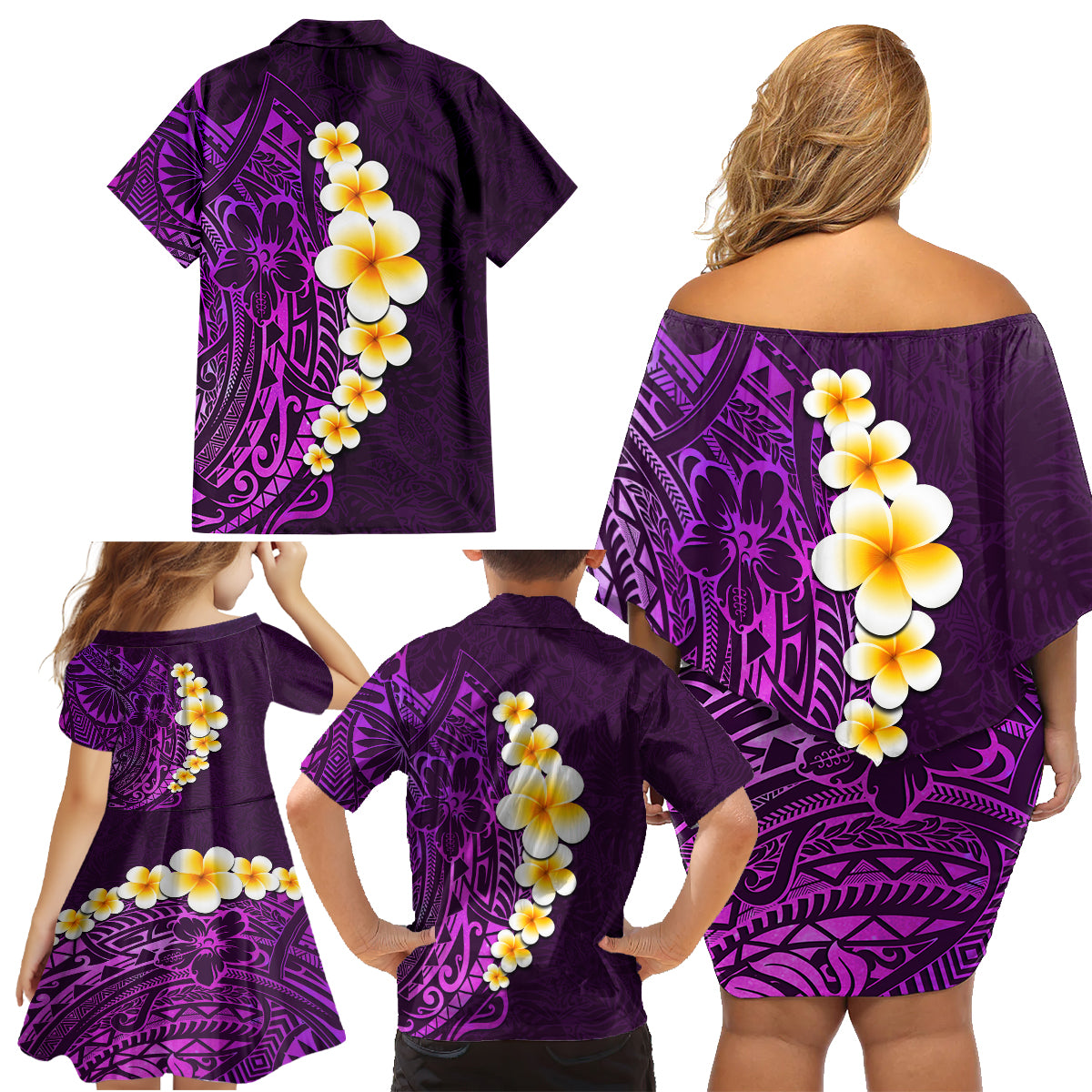 Purple Tropical Plumeria With Galaxy Polynesian Art Family Matching Off Shoulder Short Dress and Hawaiian Shirt - Wonder Print Shop