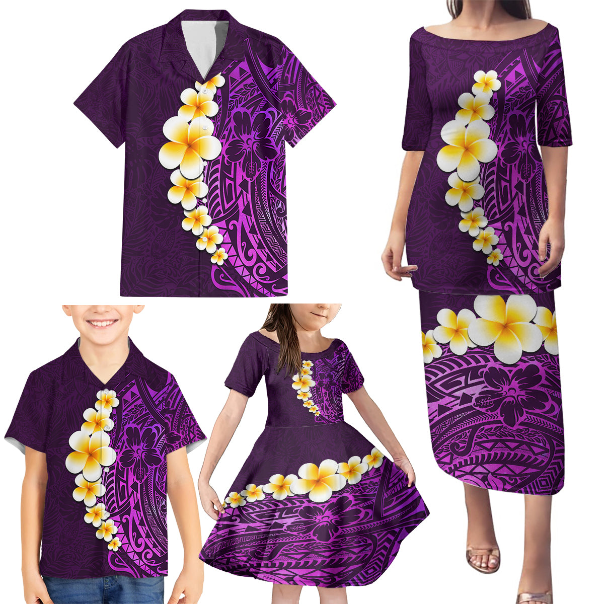 Purple Tropical Plumeria With Galaxy Polynesian Art Family Matching Puletasi Dress and Hawaiian Shirt - Wonder Print Shop