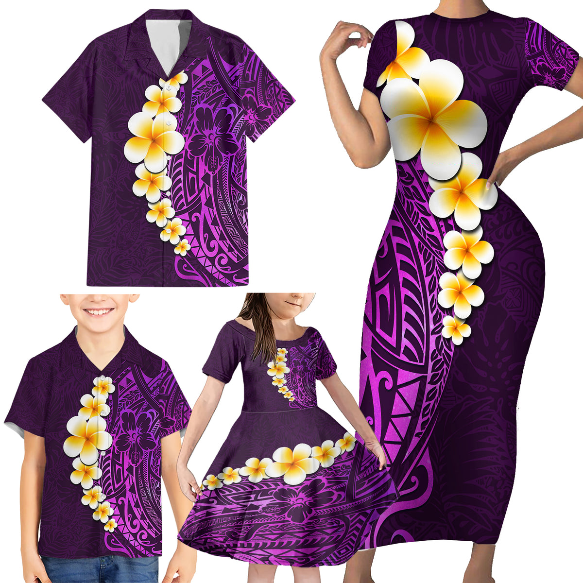 Purple Tropical Plumeria With Galaxy Polynesian Art Family Matching Short Sleeve Bodycon Dress and Hawaiian Shirt - Wonder Print Shop