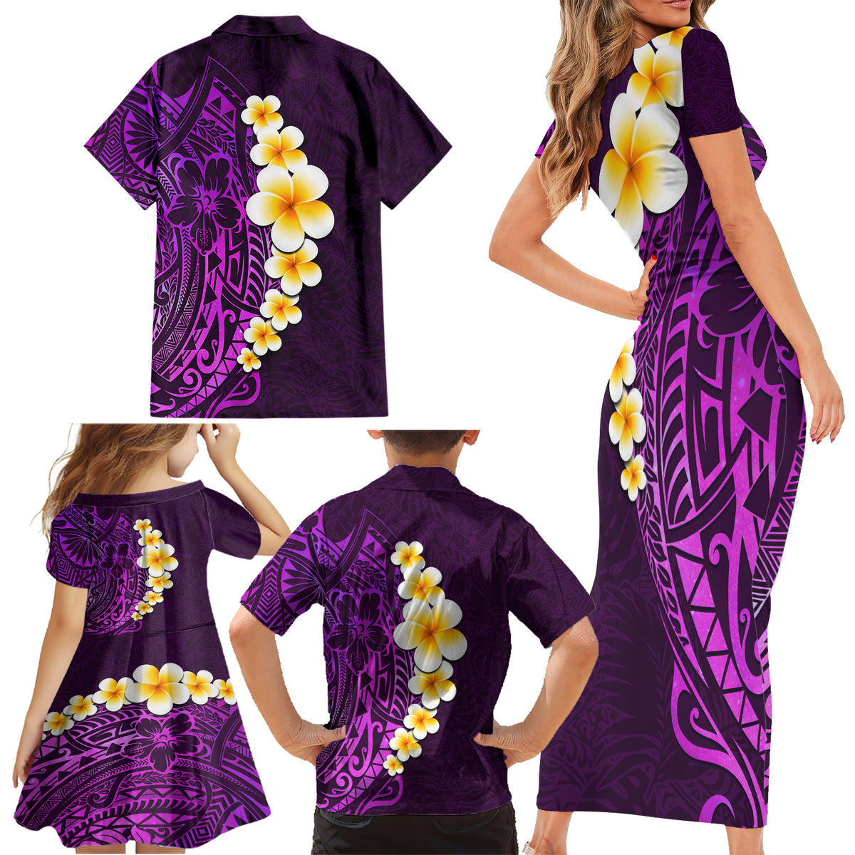 Purple Tropical Plumeria With Galaxy Polynesian Art Family Matching Short Sleeve Bodycon Dress and Hawaiian Shirt - Wonder Print Shop