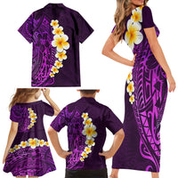 Purple Tropical Plumeria With Galaxy Polynesian Art Family Matching Short Sleeve Bodycon Dress and Hawaiian Shirt - Wonder Print Shop