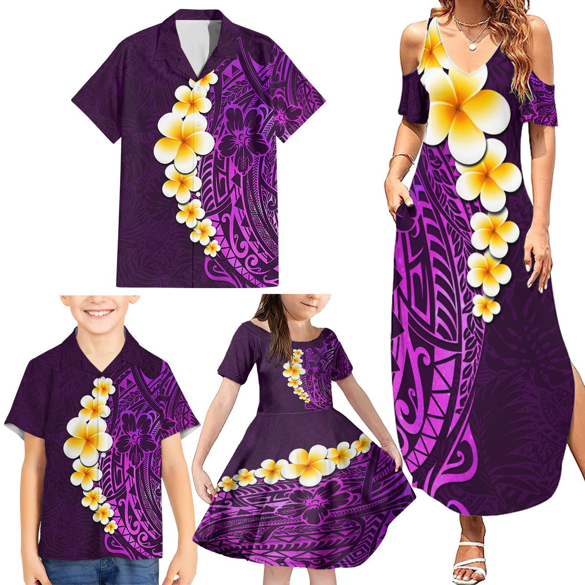 Purple Tropical Plumeria With Galaxy Polynesian Art Family Matching Summer Maxi Dress and Hawaiian Shirt - Wonder Print Shop