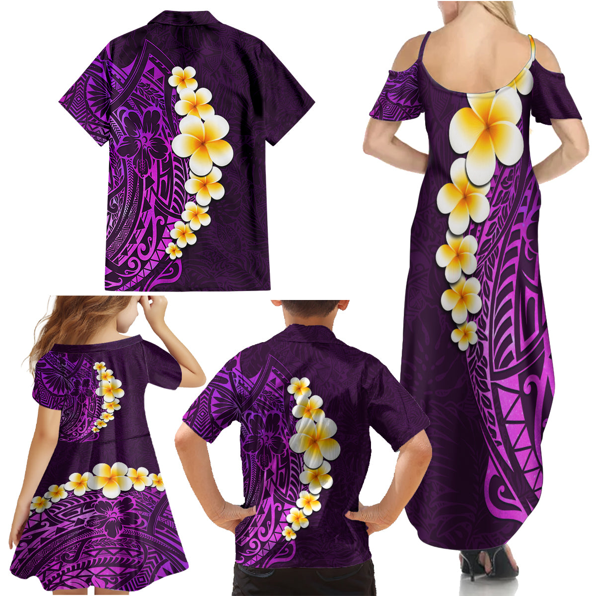Purple Tropical Plumeria With Galaxy Polynesian Art Family Matching Summer Maxi Dress and Hawaiian Shirt - Wonder Print Shop
