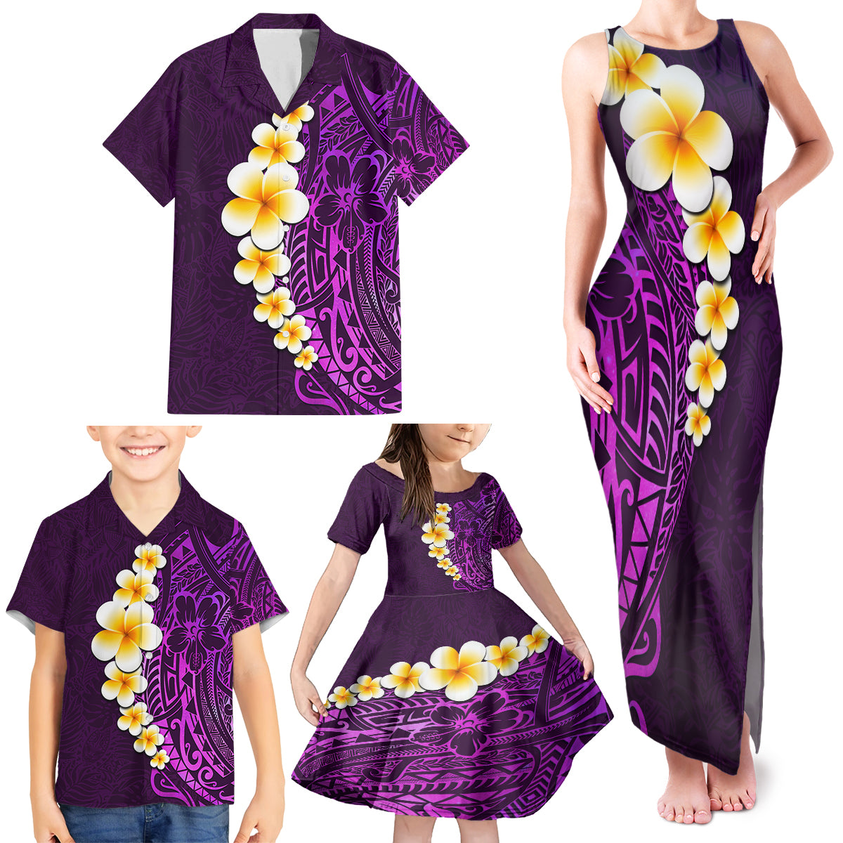 Purple Tropical Plumeria With Galaxy Polynesian Art Family Matching Tank Maxi Dress and Hawaiian Shirt - Wonder Print Shop