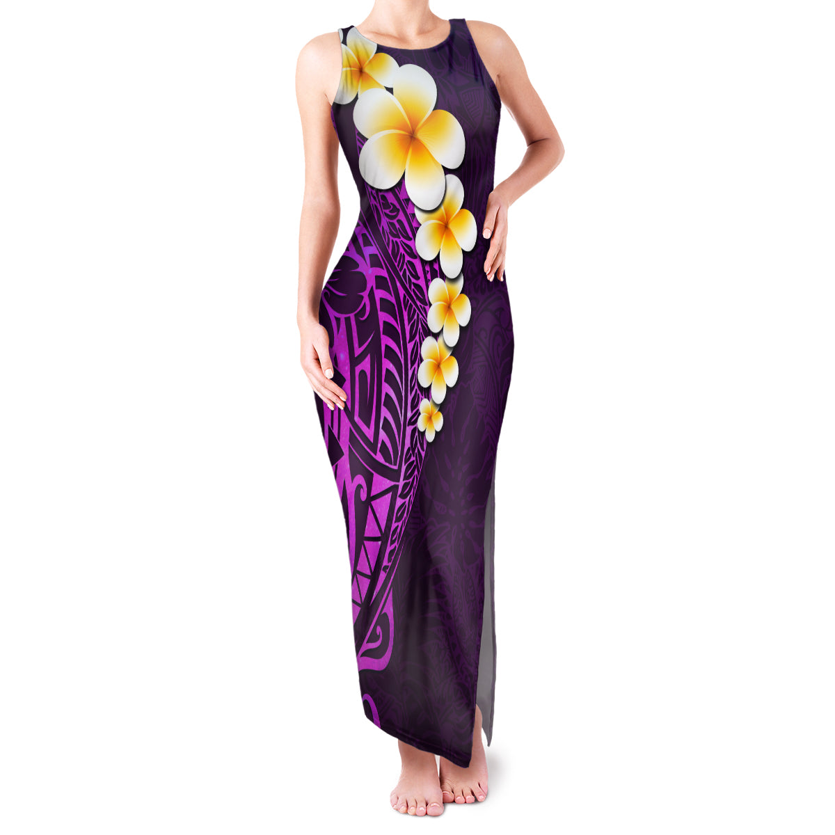 Purple Tropical Plumeria With Galaxy Polynesian Art Family Matching Tank Maxi Dress and Hawaiian Shirt - Wonder Print Shop