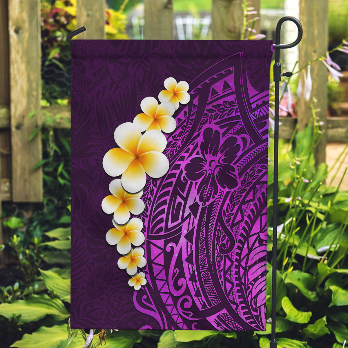 Purple Tropical Plumeria With Galaxy Polynesian Art Garden Flag - Wonder Print Shop