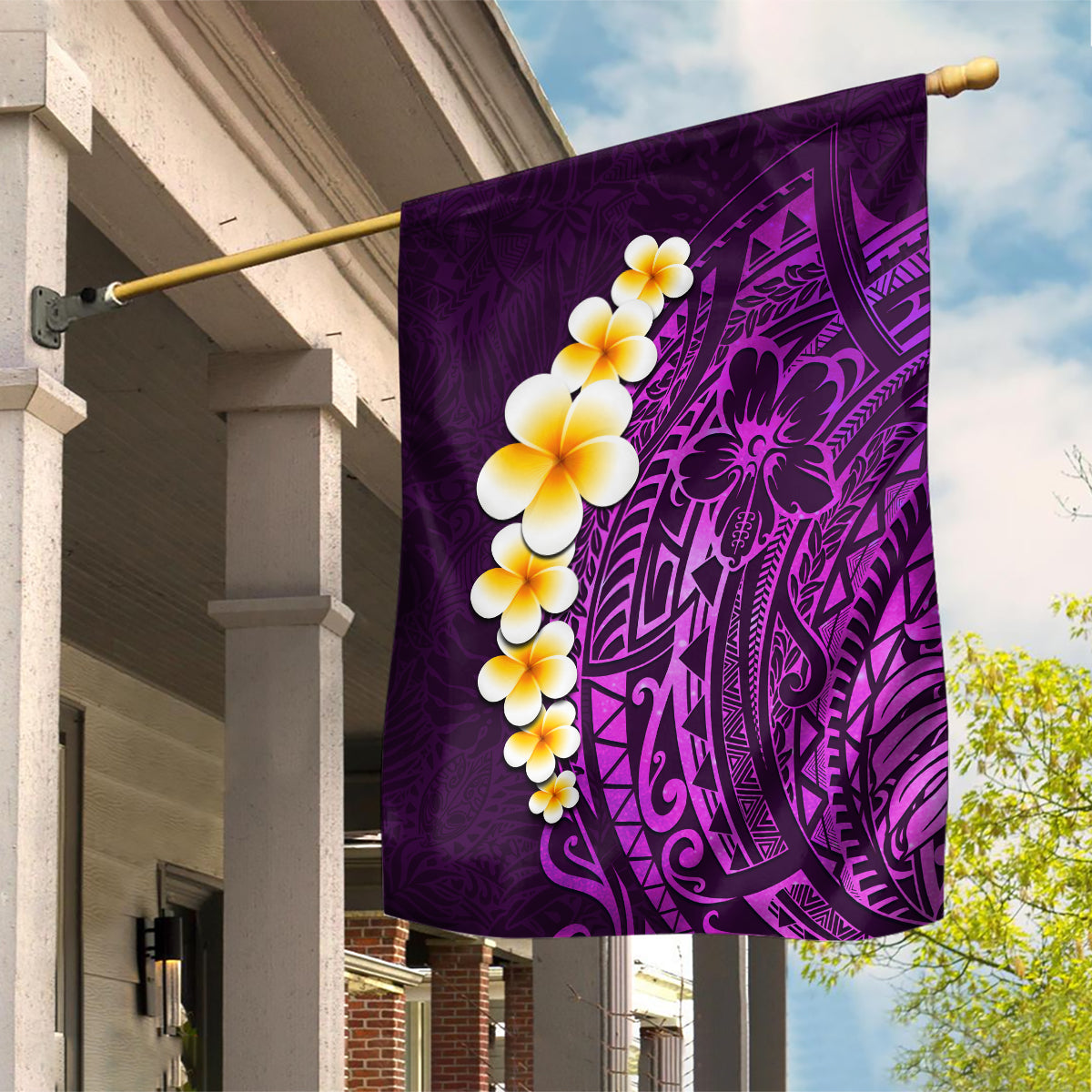 Purple Tropical Plumeria With Galaxy Polynesian Art Garden Flag - Wonder Print Shop