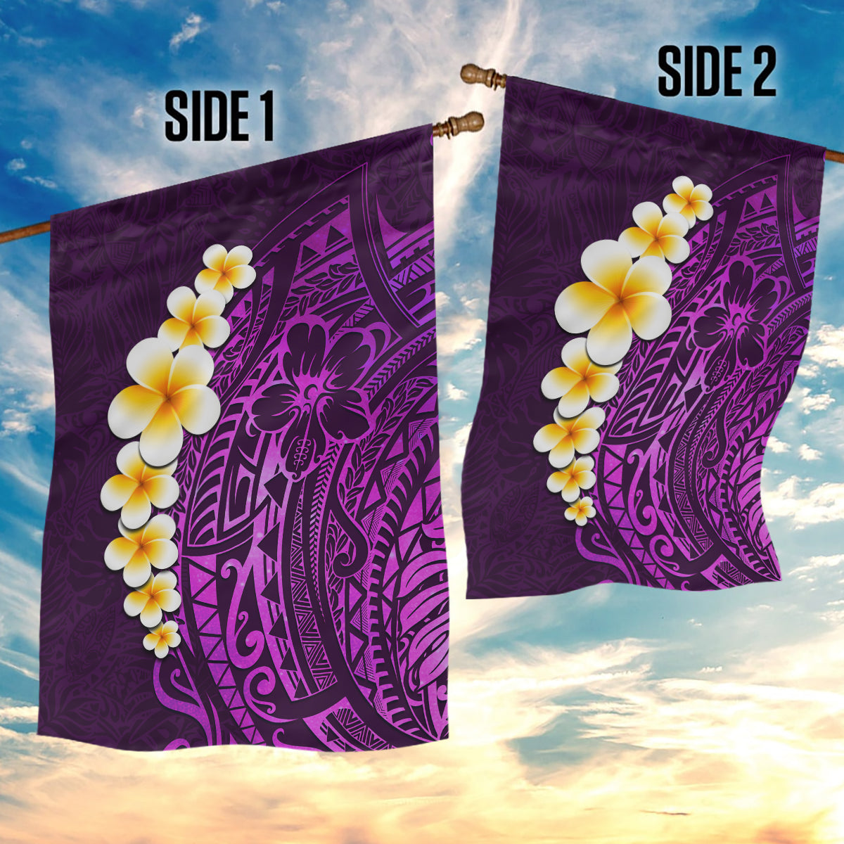 Purple Tropical Plumeria With Galaxy Polynesian Art Garden Flag - Wonder Print Shop