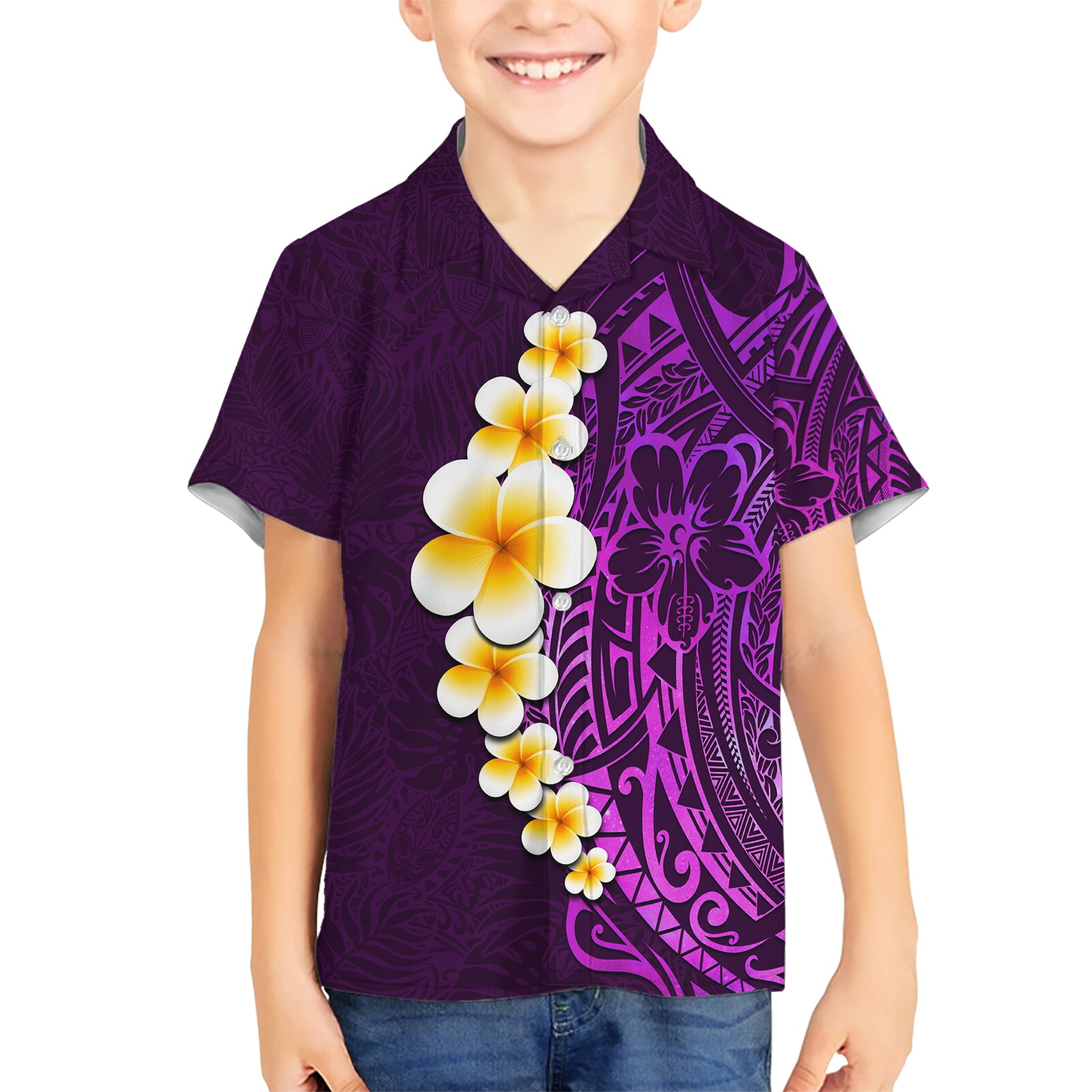 Purple Tropical Plumeria With Galaxy Polynesian Art Kid Hawaiian Shirt - Wonder Print Shop