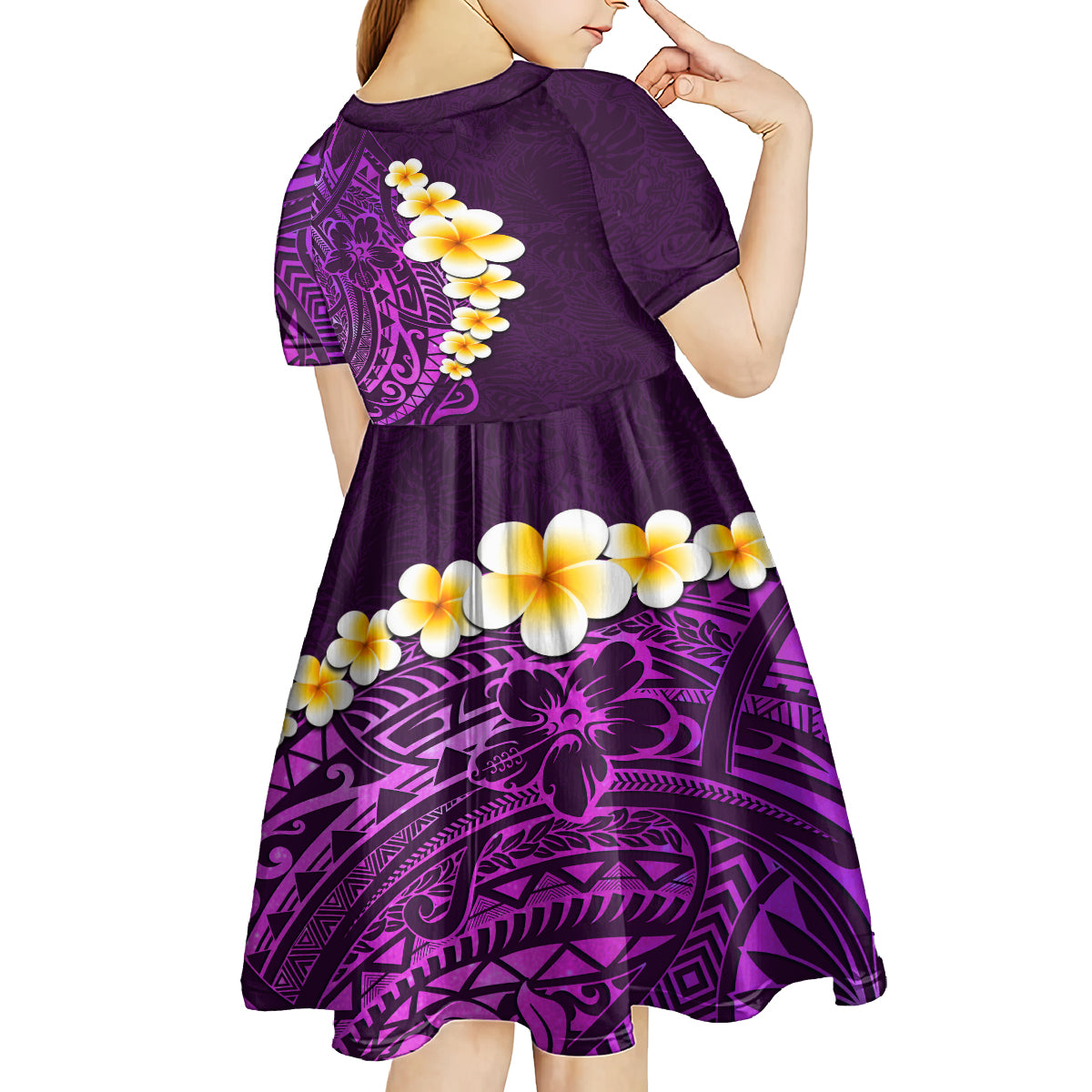 Purple Tropical Plumeria With Galaxy Polynesian Art Kid Short Sleeve Dress - Wonder Print Shop