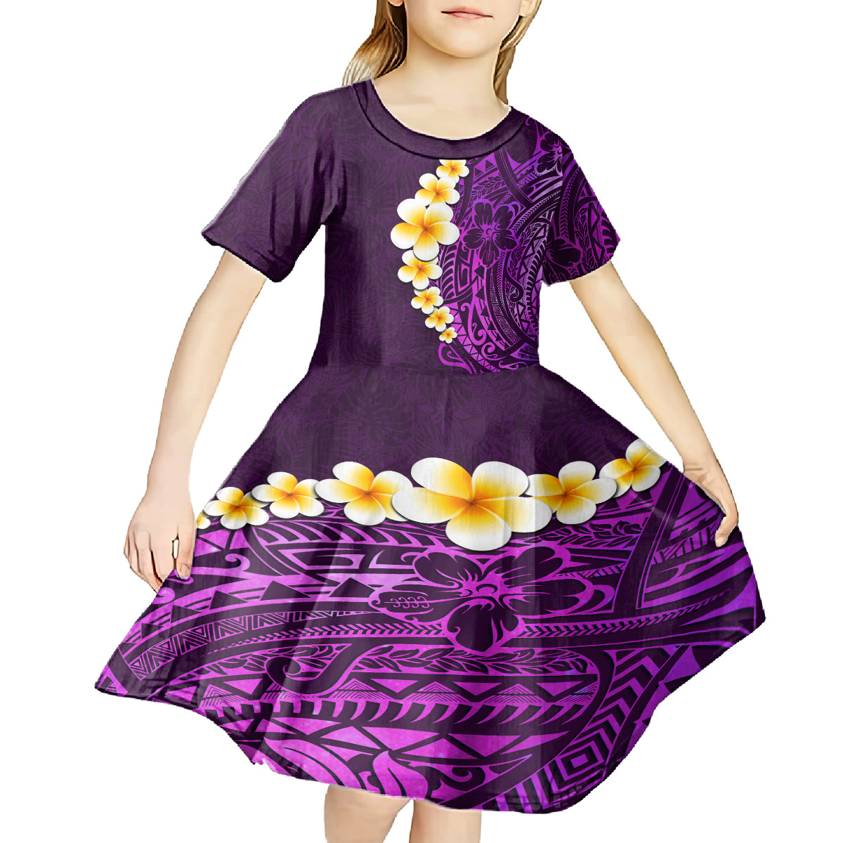 Purple Tropical Plumeria With Galaxy Polynesian Art Kid Short Sleeve Dress - Wonder Print Shop