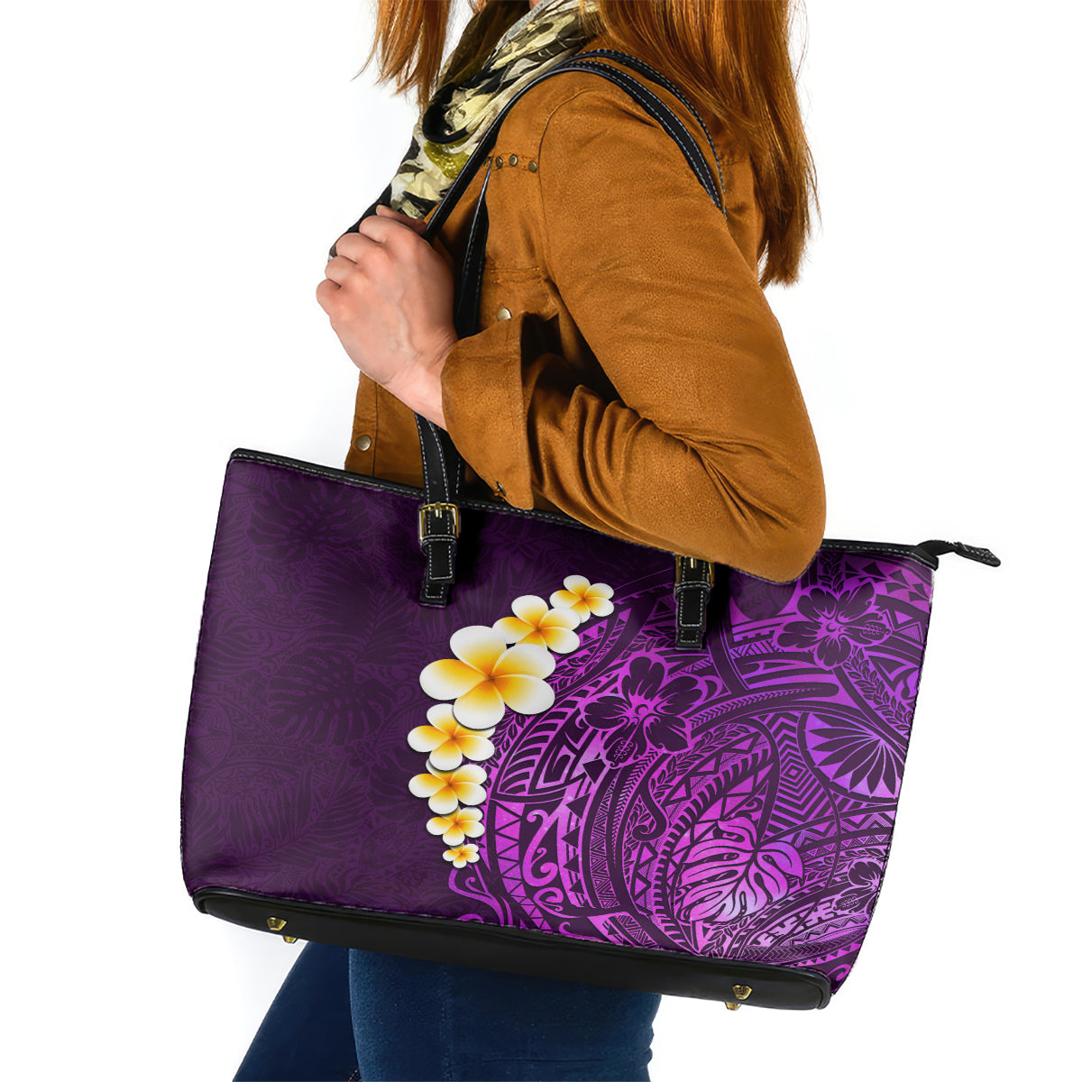 Purple Tropical Plumeria With Galaxy Polynesian Art Leather Tote Bag - Wonder Print Shop