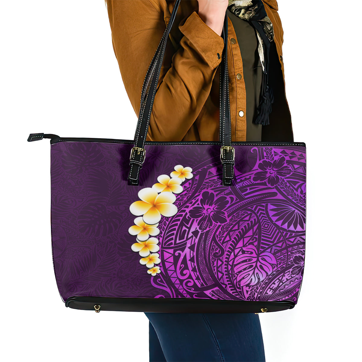 Purple Tropical Plumeria With Galaxy Polynesian Art Leather Tote Bag - Wonder Print Shop