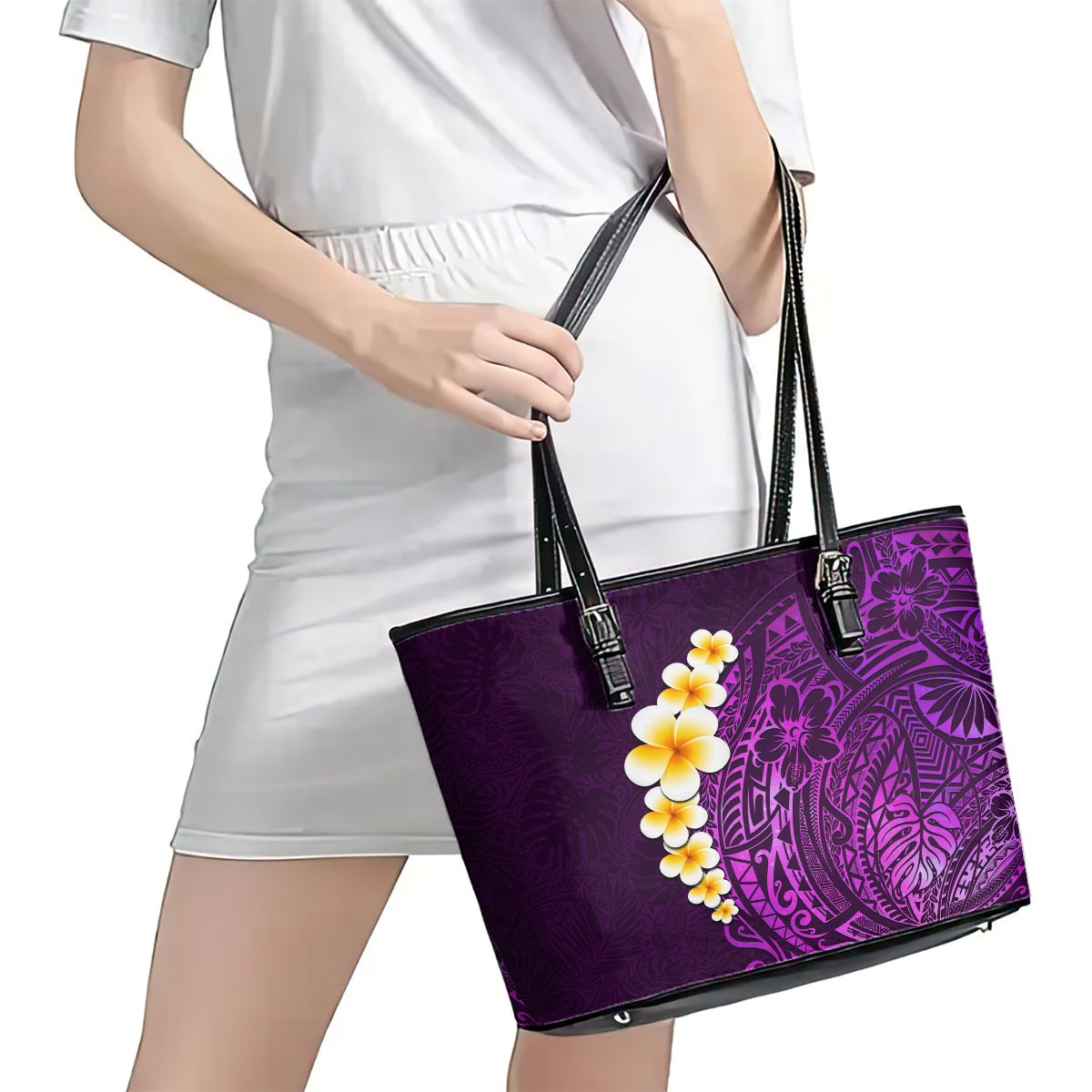 Purple Tropical Plumeria With Galaxy Polynesian Art Leather Tote Bag - Wonder Print Shop