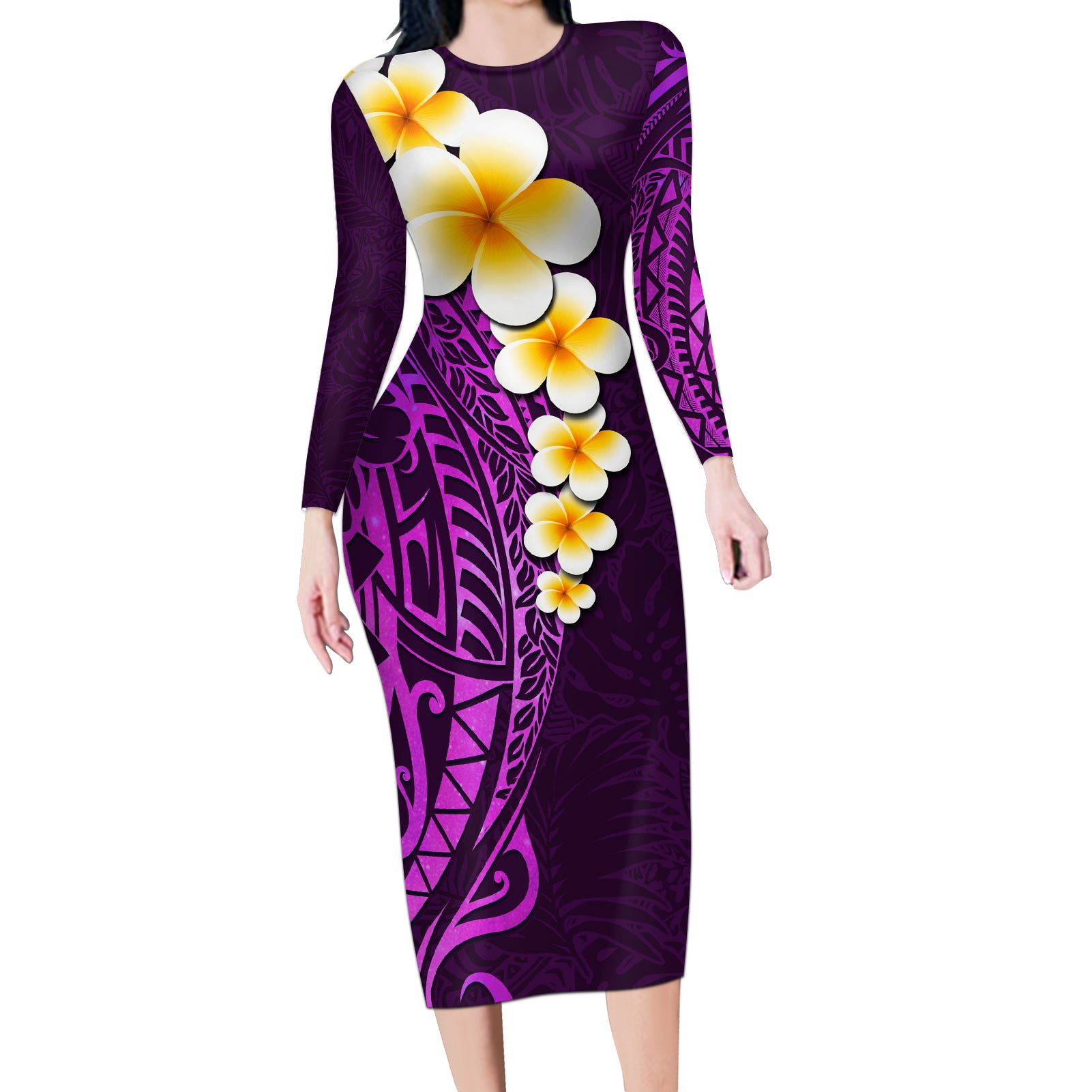 Purple Tropical Plumeria With Galaxy Polynesian Art Long Sleeve Bodycon Dress - Wonder Print Shop