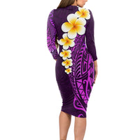 Purple Tropical Plumeria With Galaxy Polynesian Art Long Sleeve Bodycon Dress - Wonder Print Shop