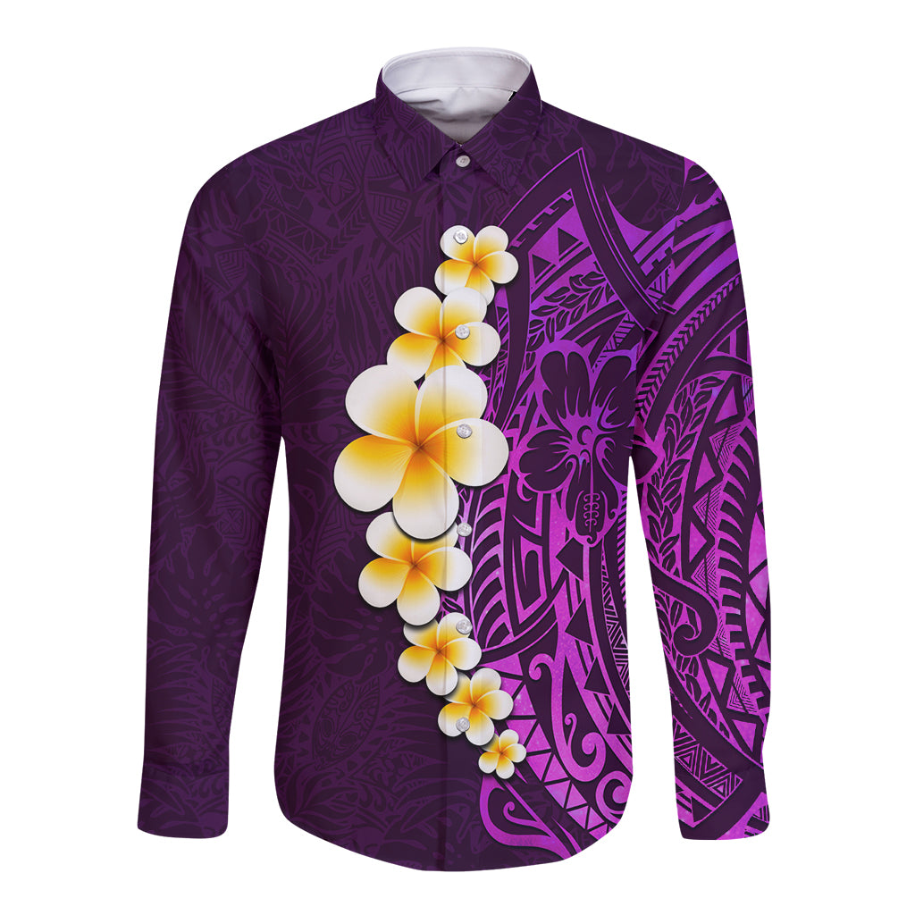 Purple Tropical Plumeria With Galaxy Polynesian Art Long Sleeve Button Shirt - Wonder Print Shop