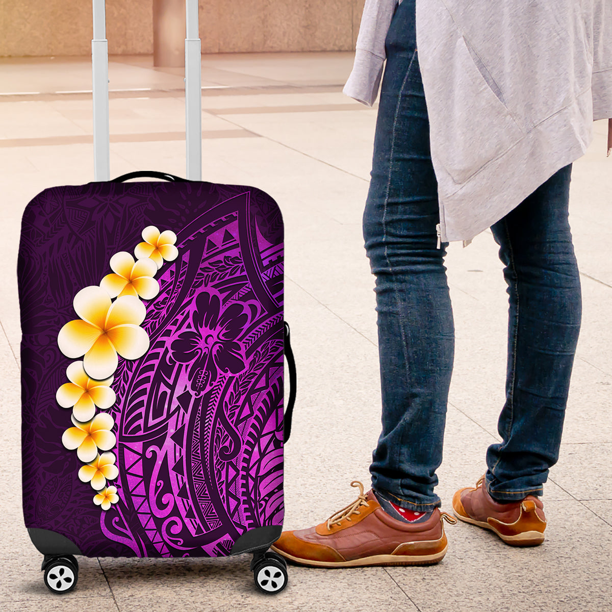 Purple Tropical Plumeria With Galaxy Polynesian Art Luggage Cover - Wonder Print Shop