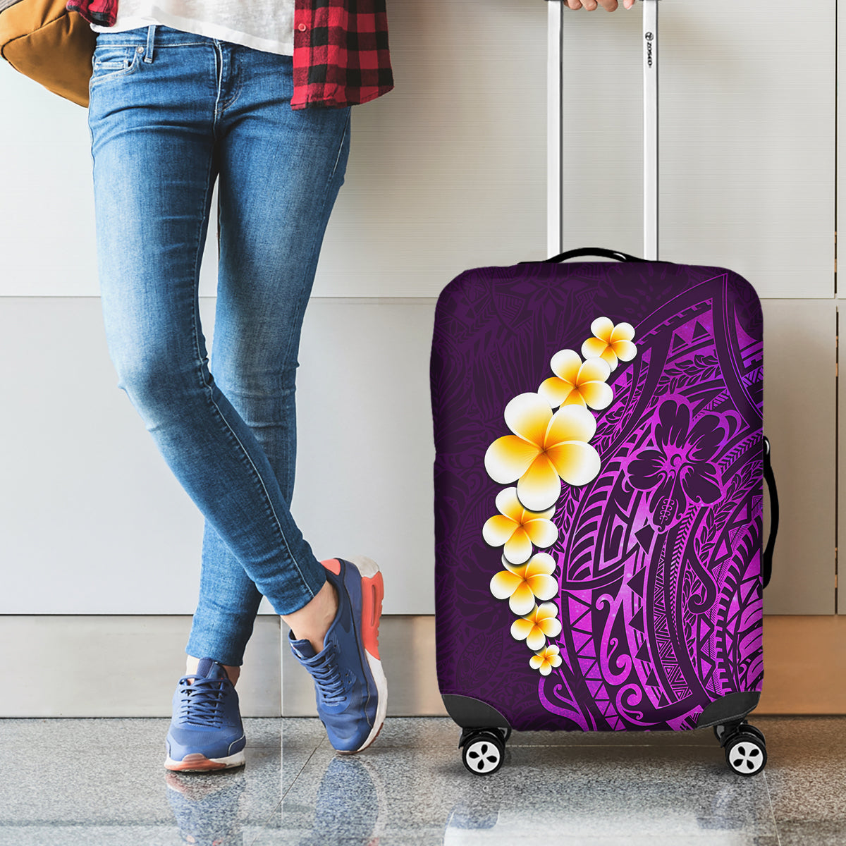Purple Tropical Plumeria With Galaxy Polynesian Art Luggage Cover - Wonder Print Shop