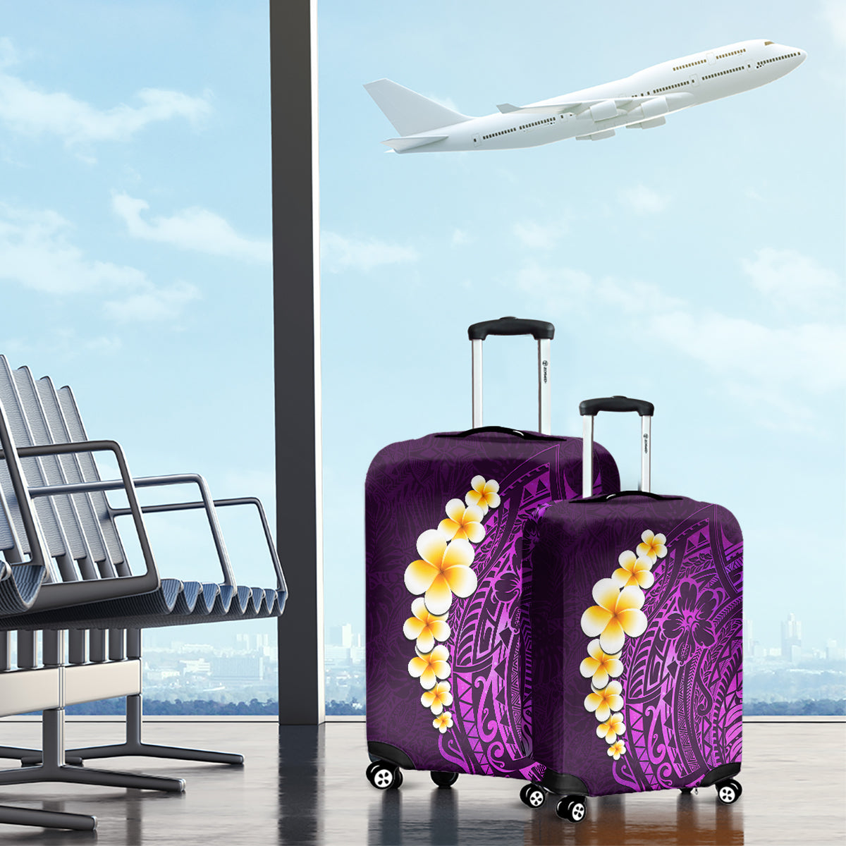 Purple Tropical Plumeria With Galaxy Polynesian Art Luggage Cover - Wonder Print Shop