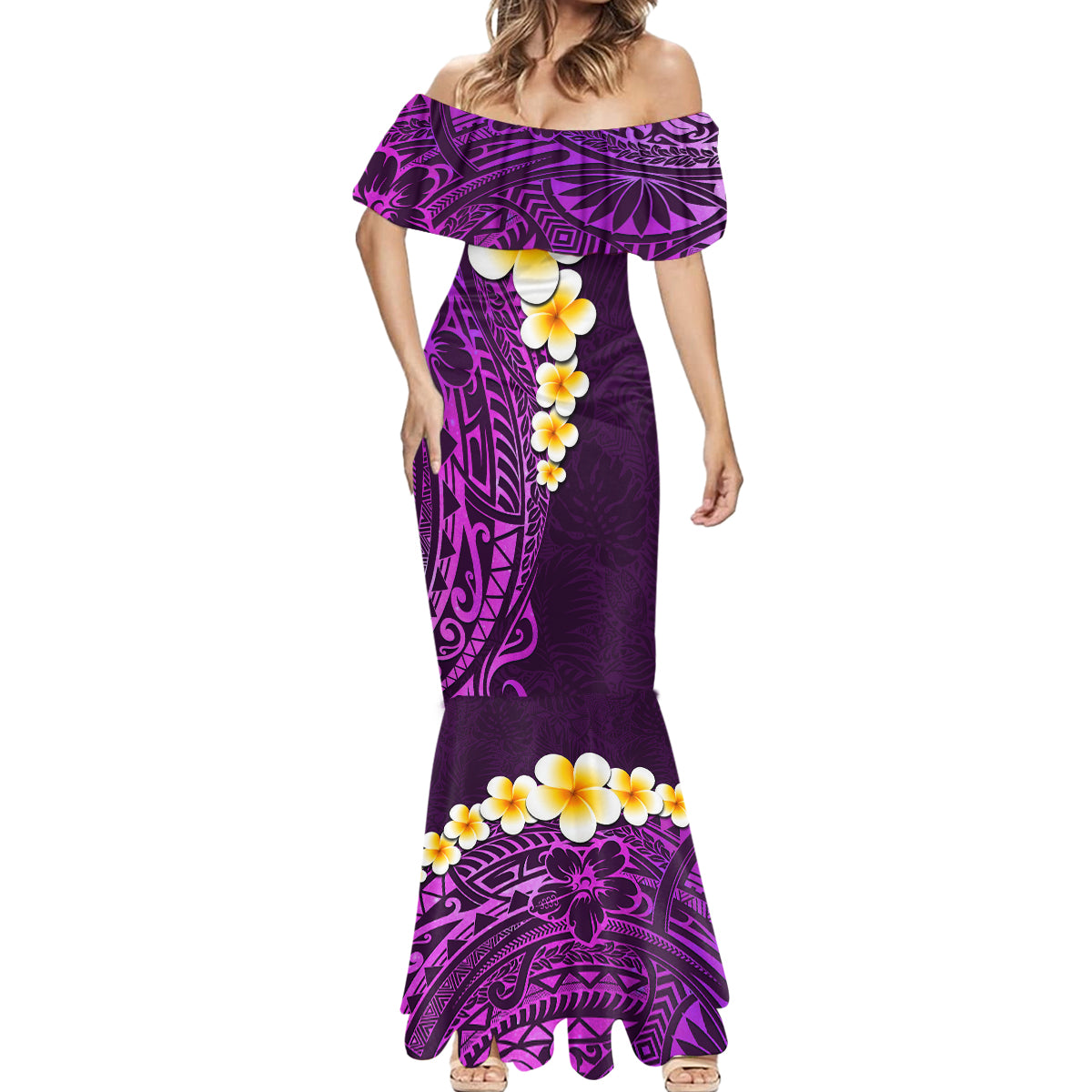 Purple Tropical Plumeria With Galaxy Polynesian Art Mermaid Dress - Wonder Print Shop