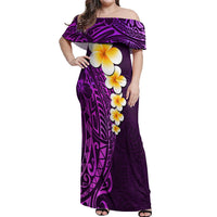 Purple Tropical Plumeria With Galaxy Polynesian Art Off Shoulder Maxi Dress - Wonder Print Shop
