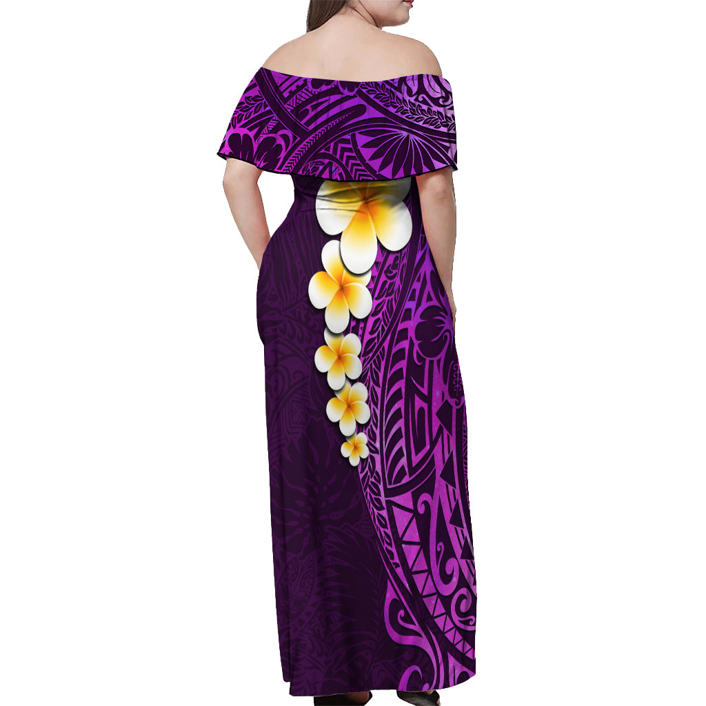 Purple Tropical Plumeria With Galaxy Polynesian Art Off Shoulder Maxi Dress - Wonder Print Shop