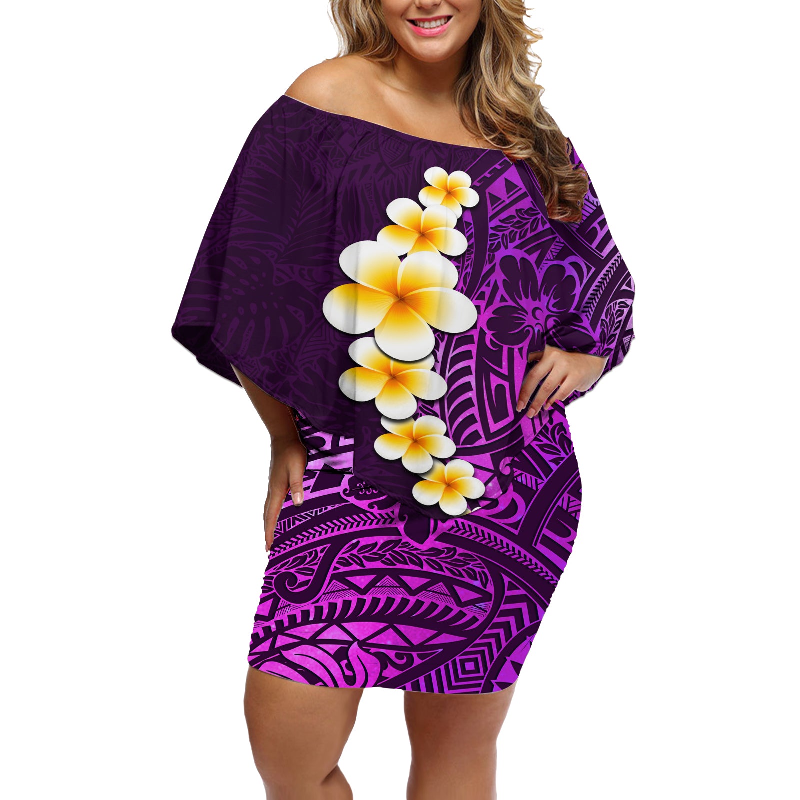 Purple Tropical Plumeria With Galaxy Polynesian Art Off Shoulder Short Dress - Wonder Print Shop