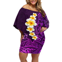 Purple Tropical Plumeria With Galaxy Polynesian Art Off Shoulder Short Dress - Wonder Print Shop