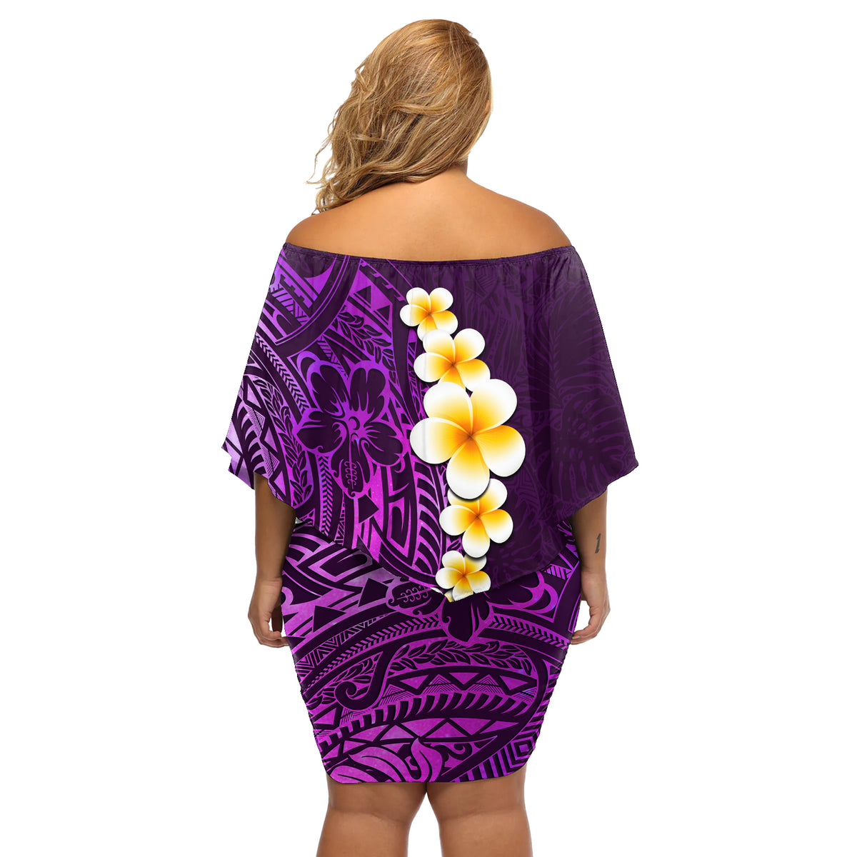 Purple Tropical Plumeria With Galaxy Polynesian Art Off Shoulder Short Dress - Wonder Print Shop