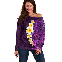 Purple Tropical Plumeria With Galaxy Polynesian Art Off Shoulder Sweater - Wonder Print Shop