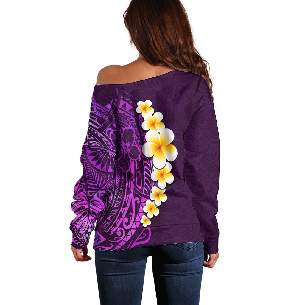 Purple Tropical Plumeria With Galaxy Polynesian Art Off Shoulder Sweater - Wonder Print Shop